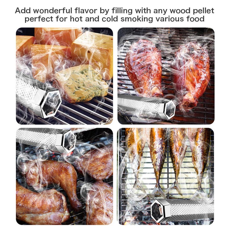 LANNEY Smoke Tube for Pellet Smoker, 12'' Smoker Tube for Pellet Grill - Hot or Cold Smoker Accessories for Electric Gas Charcoal Grilling, Premium Stainless Steel Portable Barbecue Smoking Tube, Bonus Brush - Image 3